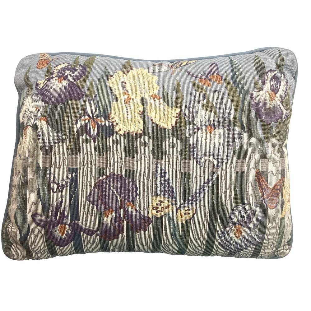 Vtg Iris Floral Tapestry Throw Pillow Butterflies Blue Backing 12x16"